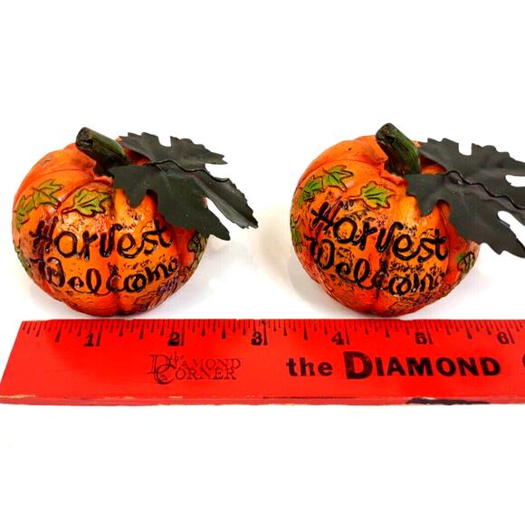 Set Resin Pumpkin Figurines w/ Metal Leaves Carved Harvest Welcome Fall Decor - Picture 3 of 7